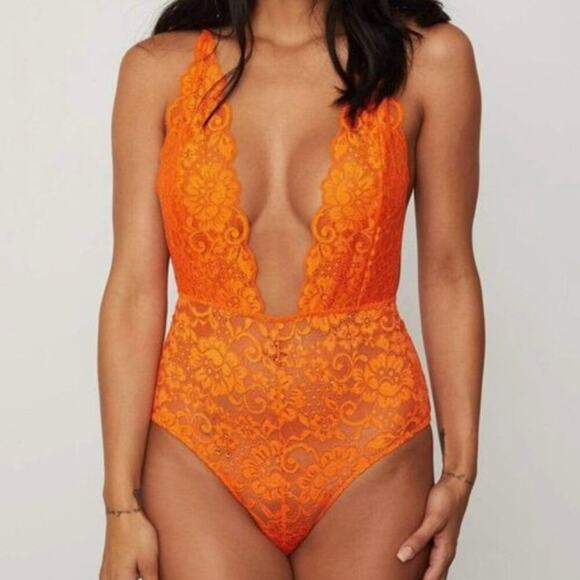 We are HAH 'Comin' in Haht' Orange Deep V Neck Lace Bodysuit NWT - Picture 1 of 11